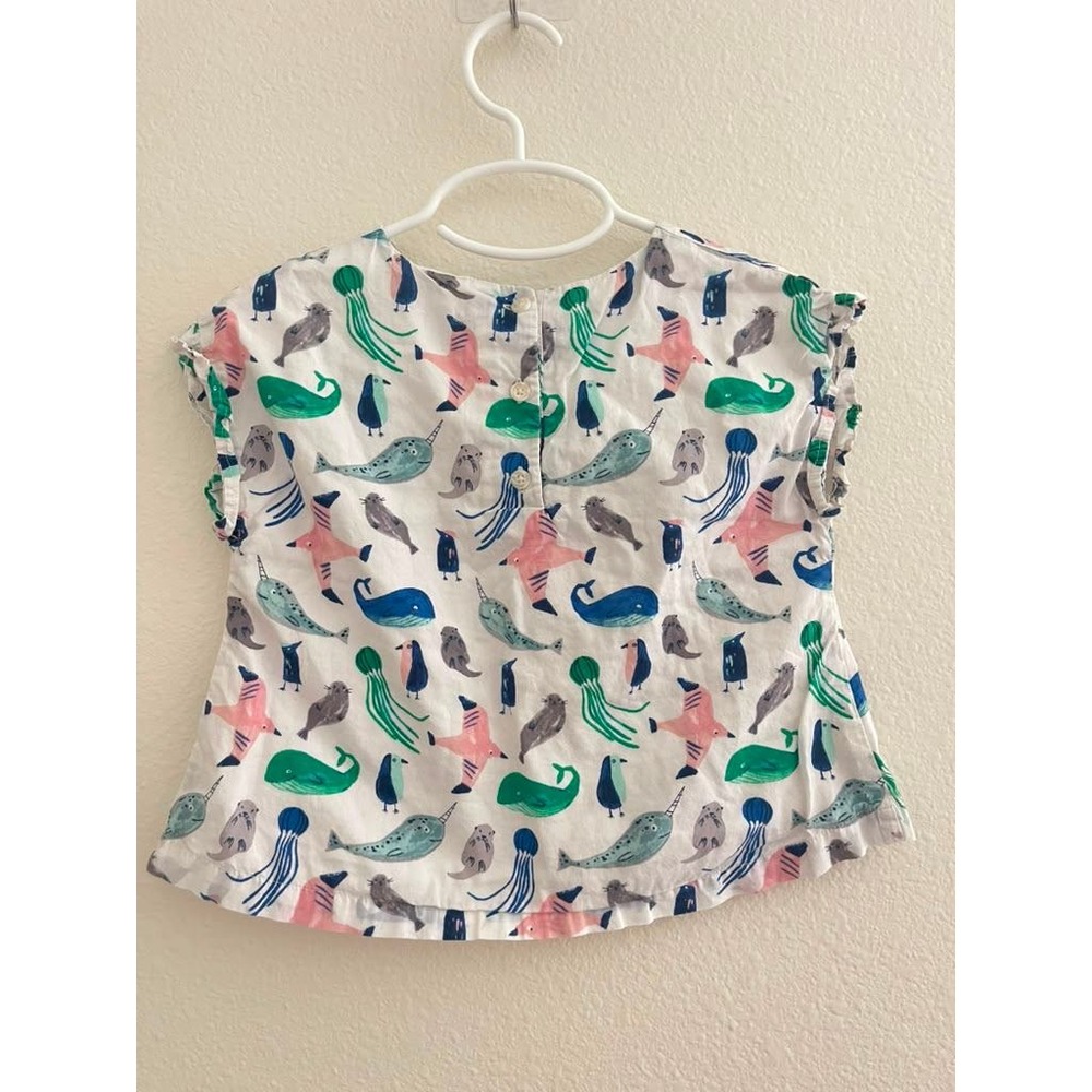 Gymboree Toddler Girls 2T Sea Animal Print Cotton Ruffle Cap Sleeve Top White